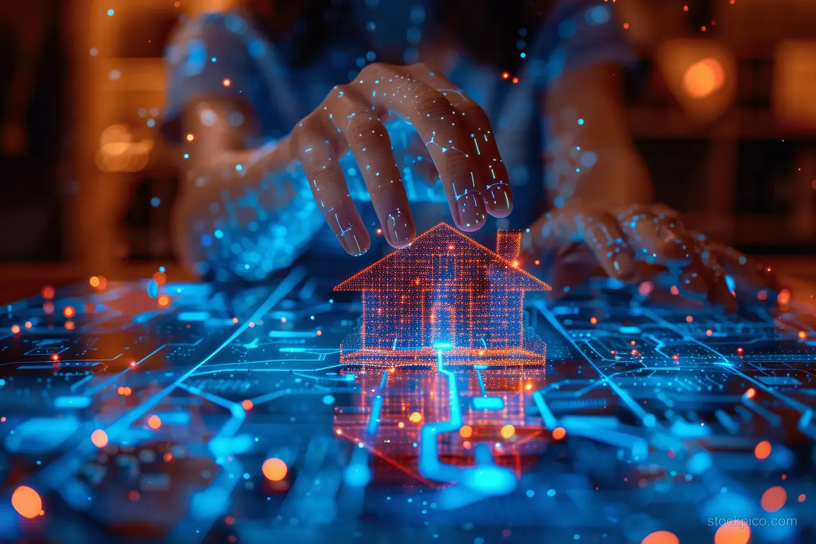 Holographic 3D house model hovers above a desk with blue data circuitry during a mortgage signing meeting.