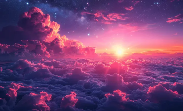Sunset light breaks through layered clouds while a purple-blue night sky shows scattered stars.