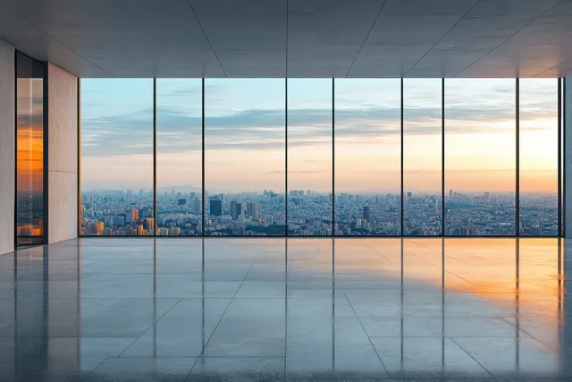 Sunset-lit modern interior with floor-to-ceiling windows, skyline reflections on polished tile floor