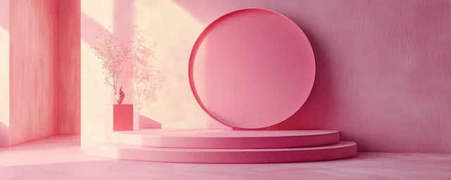 Pink interior with a circular platform, round mirror reflecting soft shadows, and dried flowers on a pedestal in gentle sunlight.