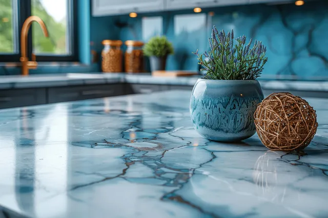 Blue marble kitchen countertop with a potted herb plant and decorative sphere in front of a blurred sink area.