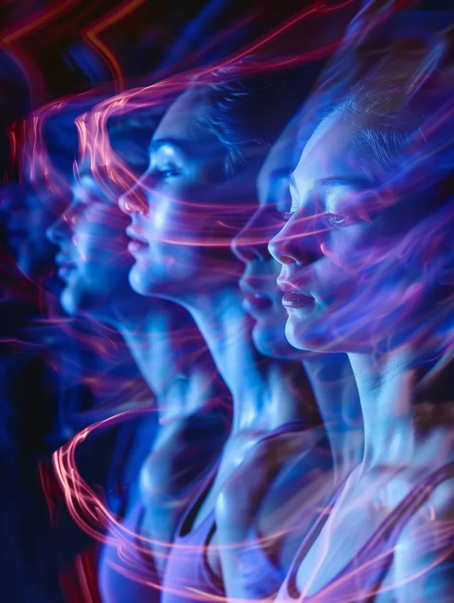 Russian rhythmic gymnasts pose together onstage with dramatic blue lighting and slight motion blur.