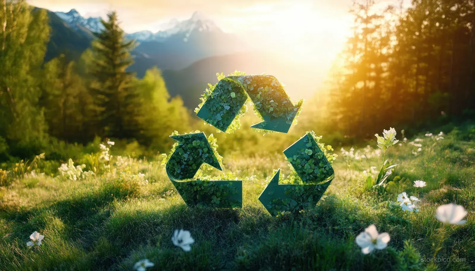 Green recycling arrows lie on a grassy meadow under warm sunrise with pine trees and distant mountains behind.