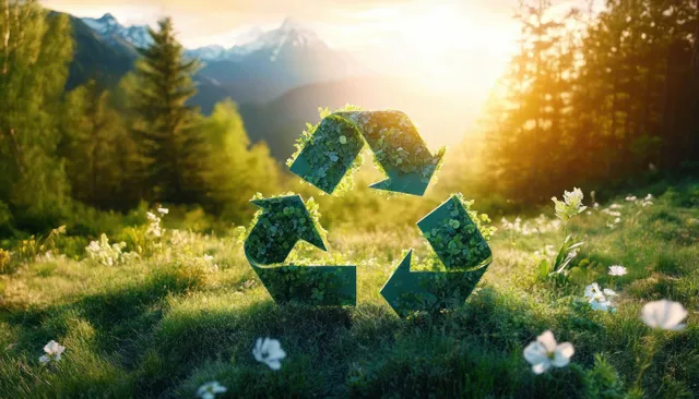 Recycling arrows on lush meadow with sunrise sunlight and distant mountains