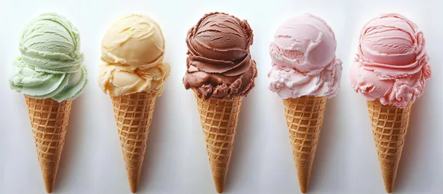 Pastel and chocolate ice cream scoops in waffle cones arranged on a white background with visible creamy swirls.