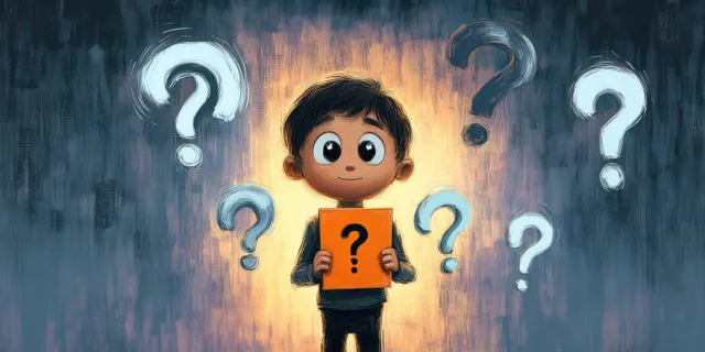 A child holds a sign with a question mark surrounded by doodled question marks.