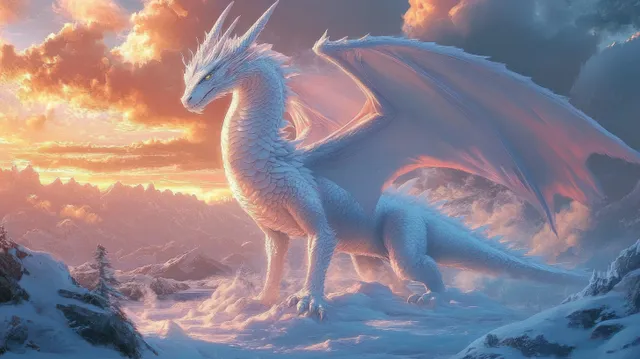 A white dragon spreads its wings on snowy mountain ground under a glowing sunset sky.
