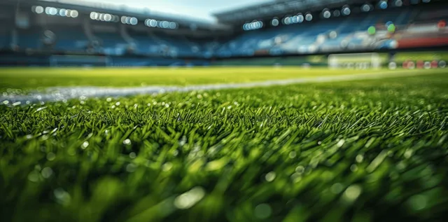 Close-up soccer field grass with players and cheering fans blurred in stadium stands