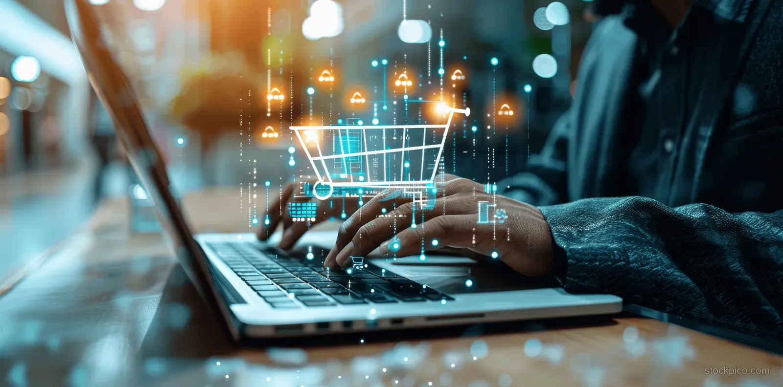 A person works on a laptop while glowing e-commerce planning charts and online shopping icons float over the screen.