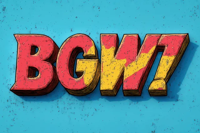 Red 3D comic typography reading BGKW on a blue distressed textured background.