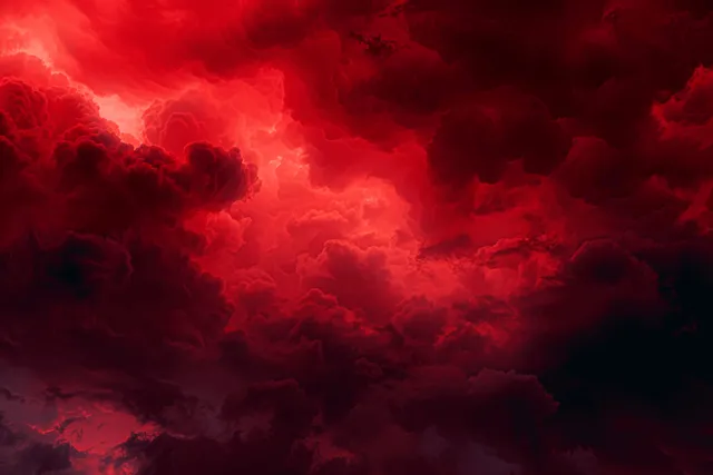 Dramatic dark red storm sky with contrasting black and white clouds, evoking a gothic horror atmosphere.