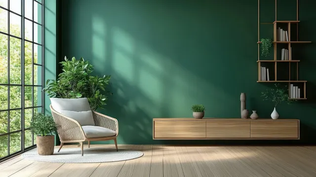 Light woven armchair sits on a rug beside a window, with a dark green wall and a wooden console shelf behind it.
