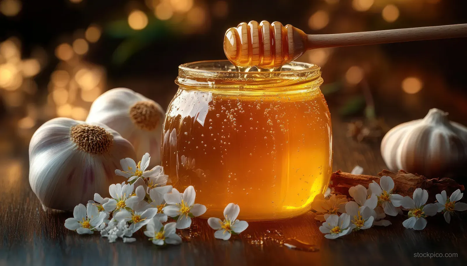 Golden honey in a glass jar with a wooden dipper, flanked by garlic bulbs, white flowers, and cinnamon sticks on wood.