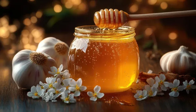 Golden honey in a glass jar with a wooden dipper, flanked by garlic bulbs, white flowers, and cinnamon sticks on wood.