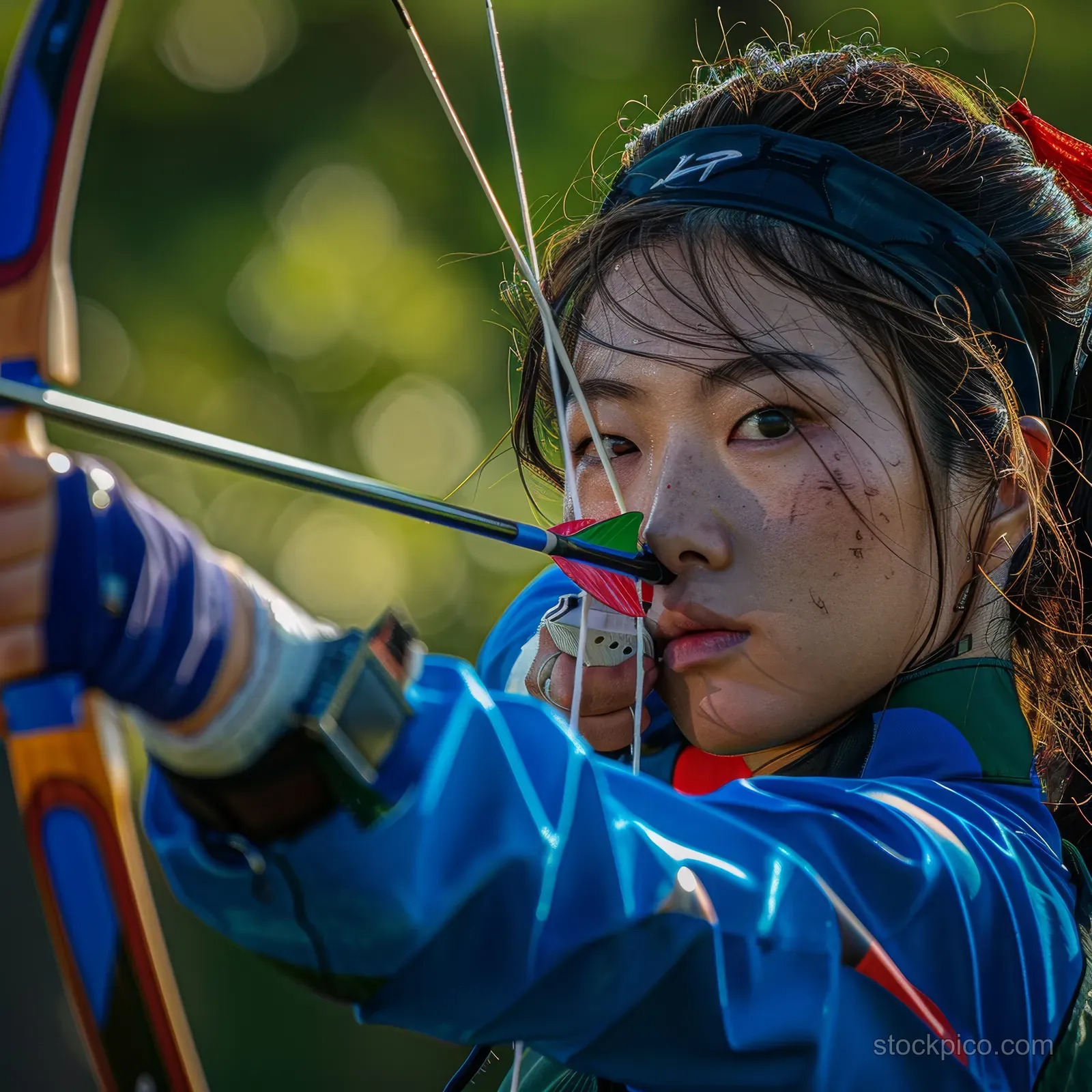 A female archer draws a bow and releases an arrow at an outdoor range, with teammates and target area blurred behind.