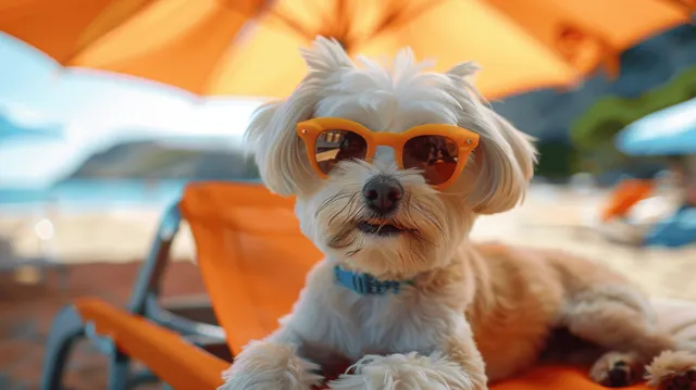 Fluffy white Havanese dog lounging on beach chair with orange sunglasses