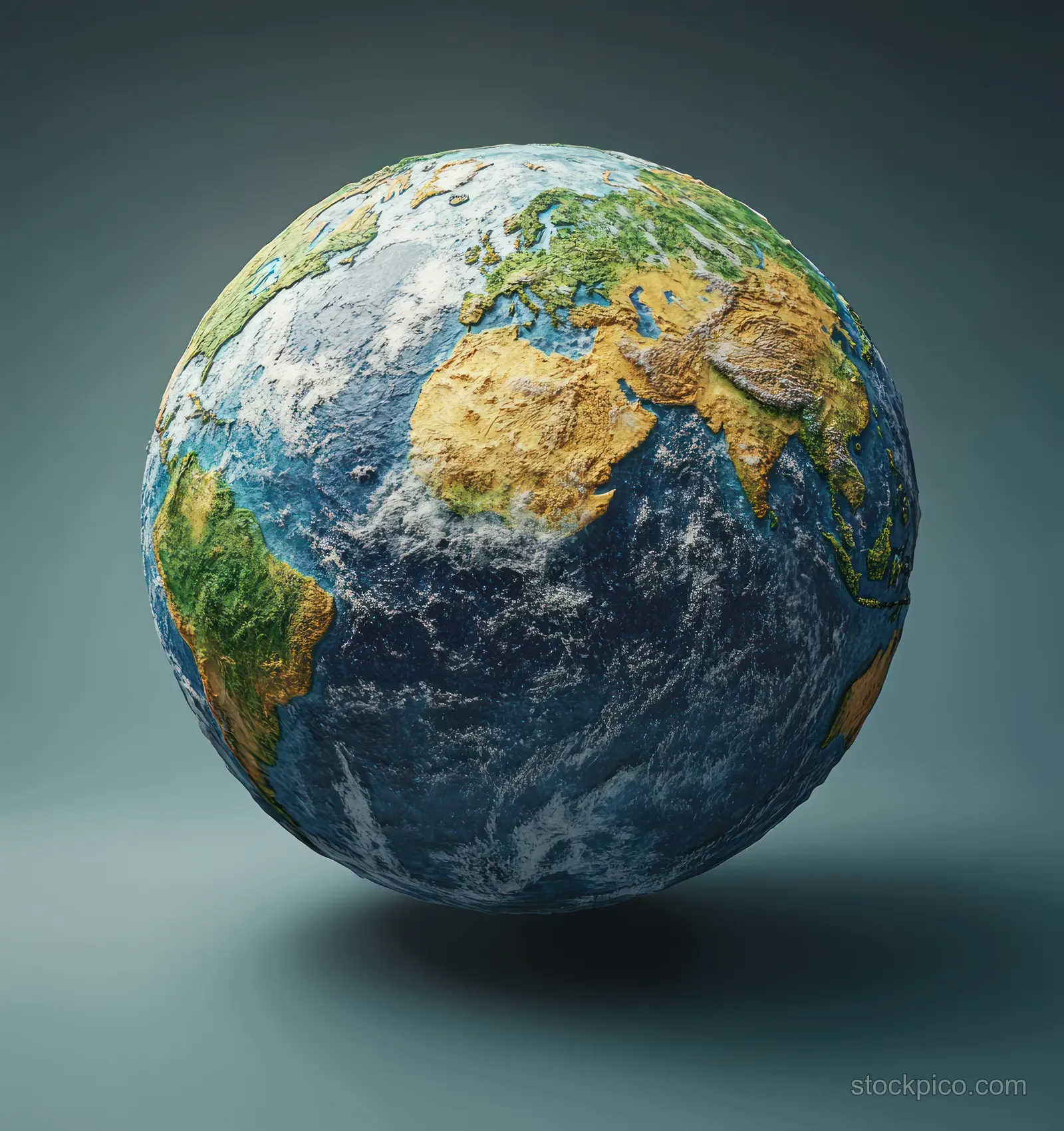 Hyper-realistic Earth globe with detailed continents and oceans lit by warm sunlight against a dark gradient.