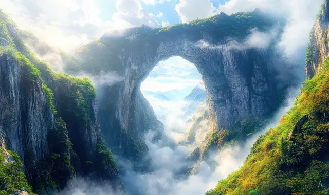 Misty mountain pass archway framed by cliffs, sunlight rays cutting through clouds