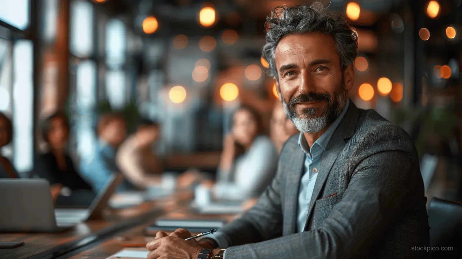 A suited business coach presents strategy to an office team in a conference room with a laptop and blurred colleagues.