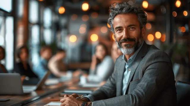 A suited business coach presents strategy to an office team in a conference room with a laptop and blurred colleagues.