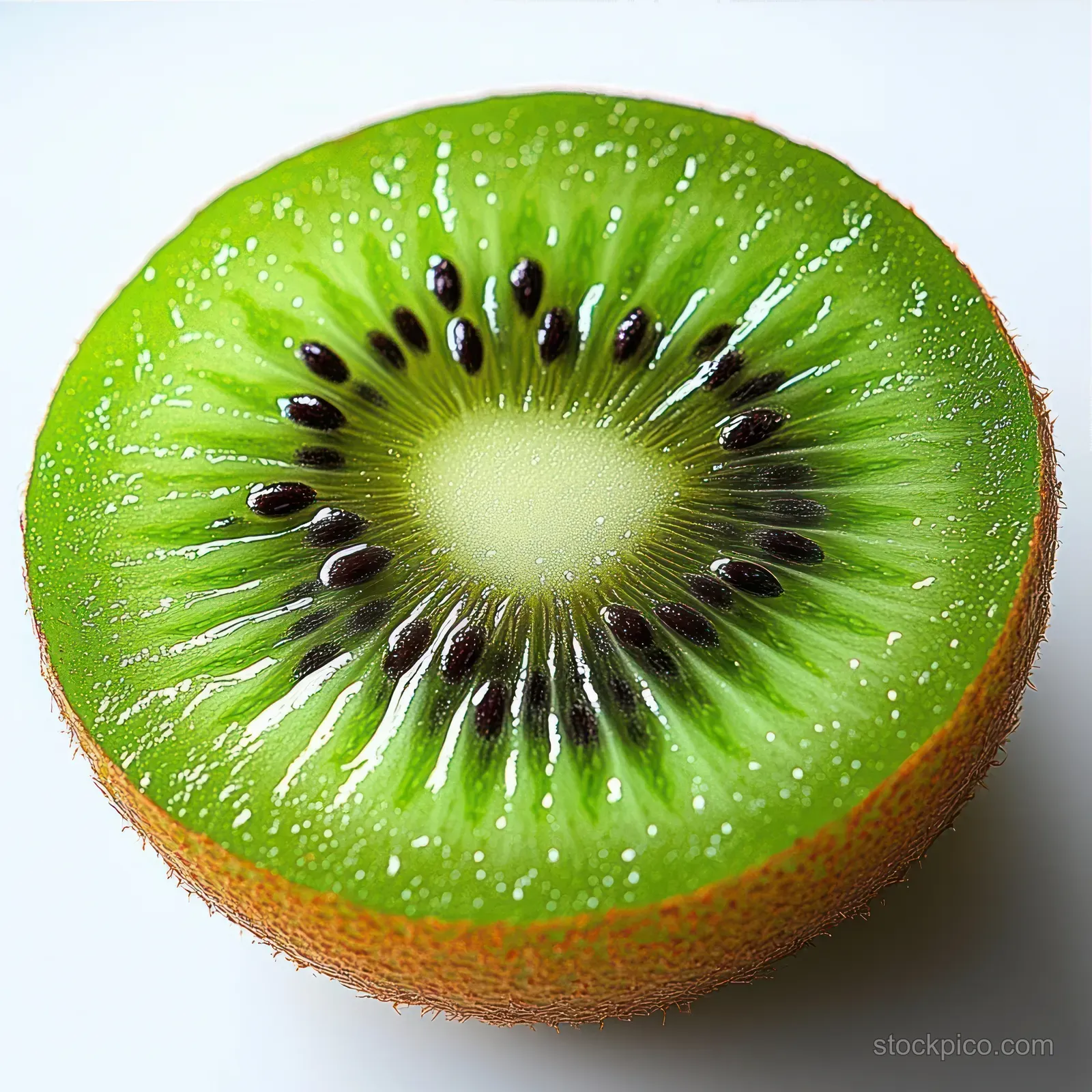 Green kiwi fruit half with glossy seeds and juicy flesh on a white background.