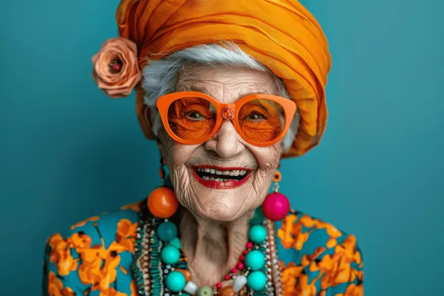 Elderly woman laughs in a studio portrait wearing orange sunglasses, colorful headwrap, and beaded jewelry against a teal background.