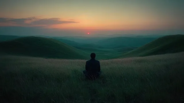 Solitary person sitting on grassy hill at sunset, facing rolling green valleys and horizon
