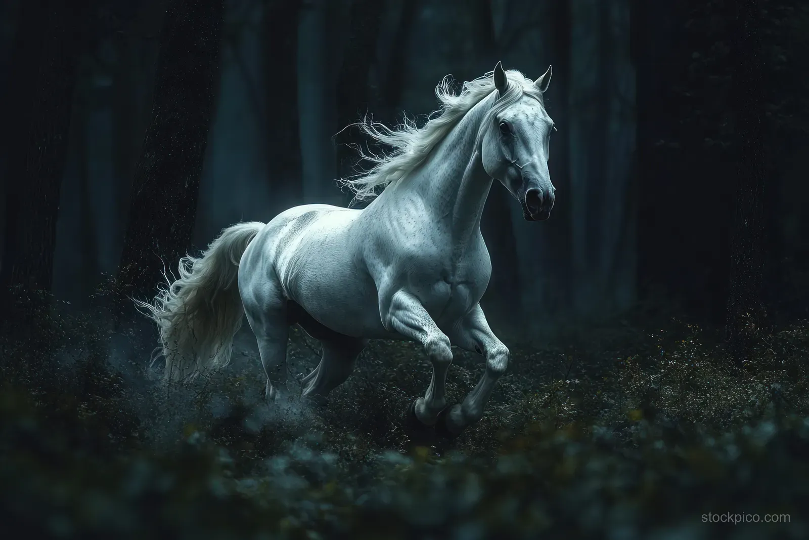 White horse galloping through a dark dense forest at dusk, with flowing mane and misty motion blur.