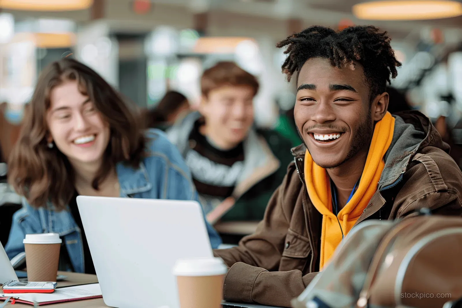 Teen students sit around a campus table using laptops with coffee cups and a blurred group behind them.