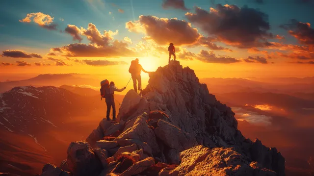 Friends hiking to a mountain summit at sunset, silhouetted on jagged rocks