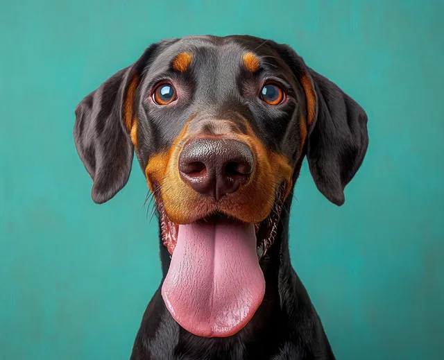 Black and brown dog portrait with tongue out and orange eyes against a teal background.
