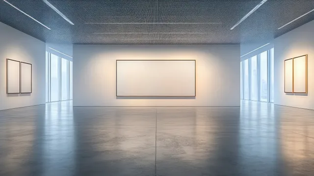 Minimalist art gallery interior with a large blank canvas, reflective concrete floor, and soft linear lights.