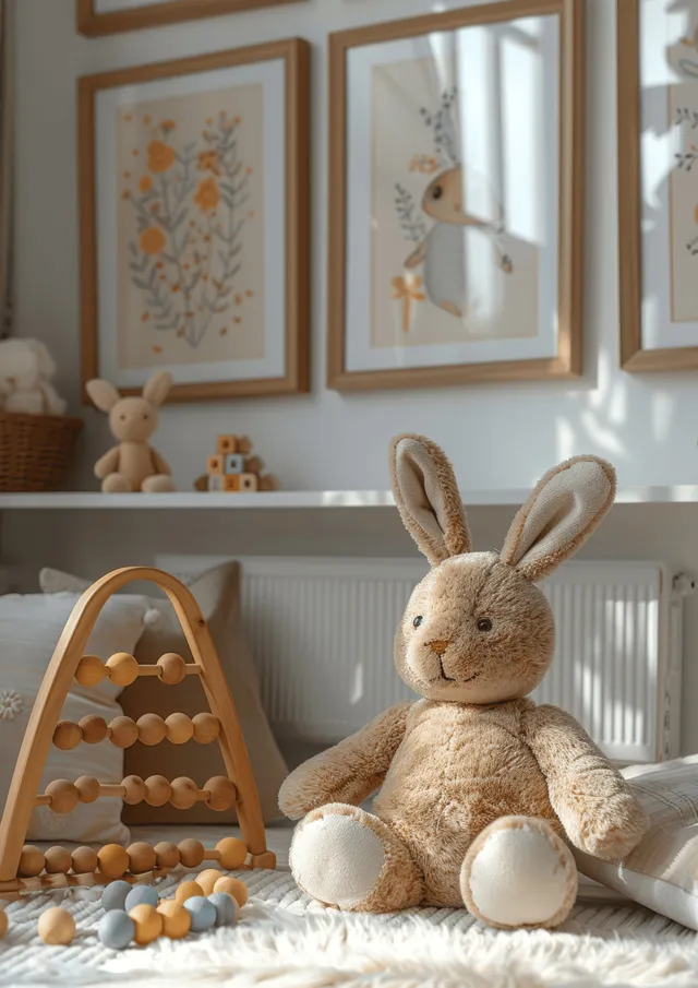 Minimalist kids room 3D render with wooden toy abacus and plush rabbit on window sill