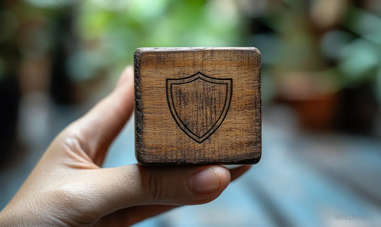 A hand holds a carved wooden shield block with a blurred background suggesting digital security and protection.