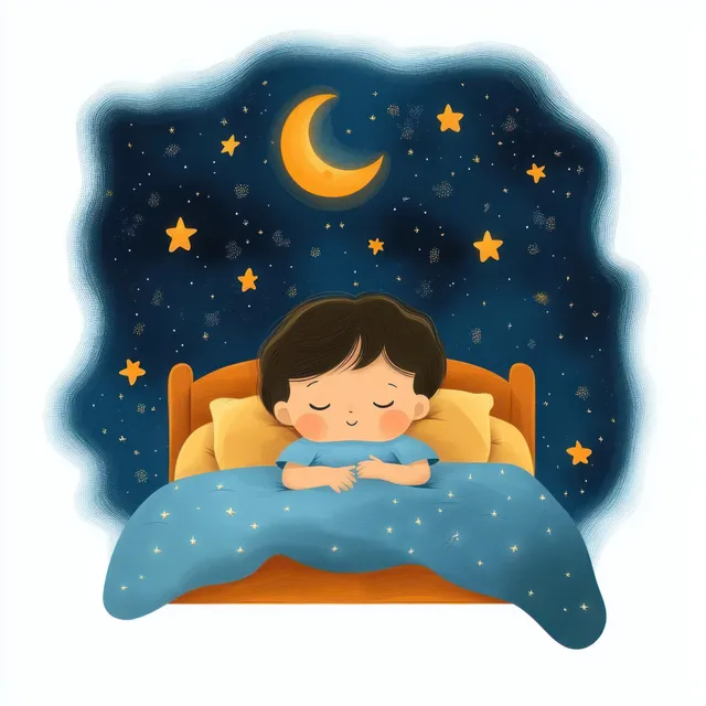 Child sleeping peacefully in bed under crescent moon and starry night sky illustration