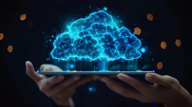 Hands holding glowing cloud data network icon with database storage and backup signals