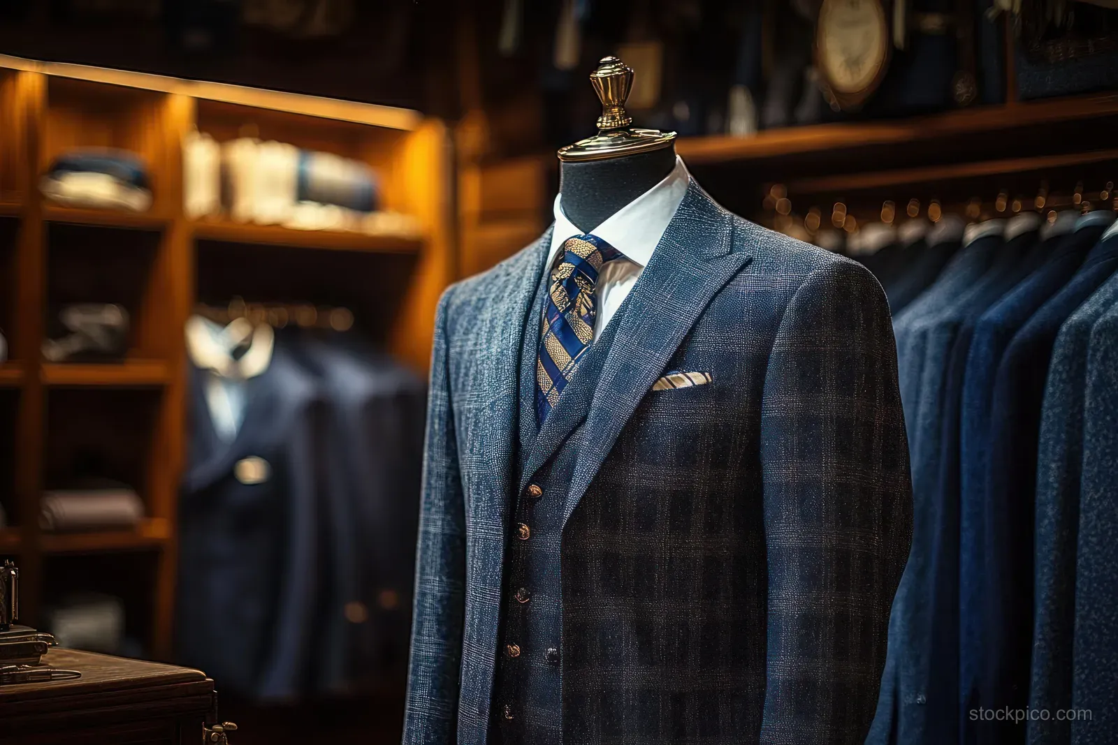 Dark blue plaid three-piece suit on a mannequin with striped tie and pocket square in a warmly lit boutique.