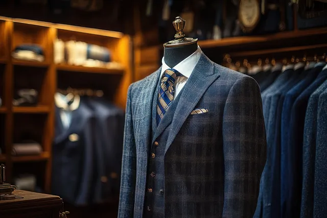 Dark blue plaid three-piece suit on a mannequin with striped tie and pocket square in a warmly lit boutique.