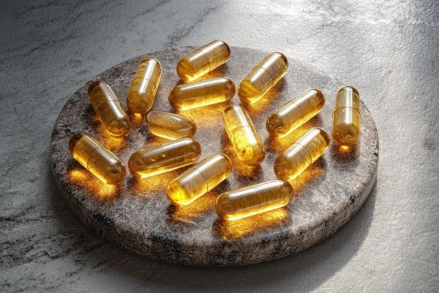 Yellow translucent capsules scattered on a round textured stone plate with glossy highlights and soft shadows.