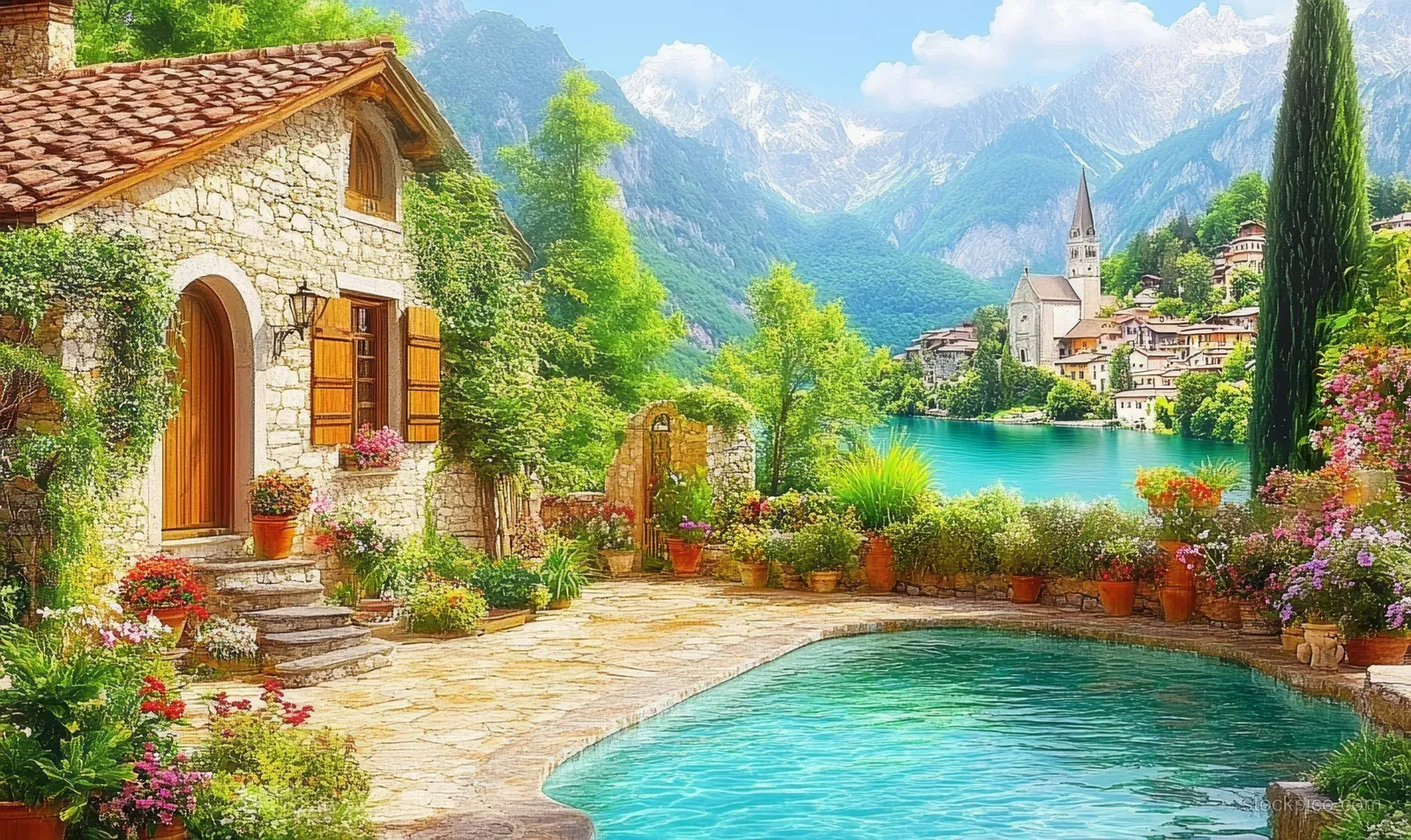 Terraced stone cottage and flower garden overlook a turquoise lake with a distant church steeple.