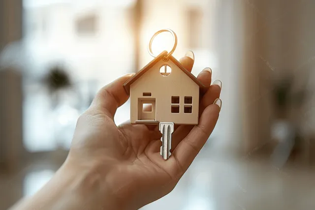 A woman holds a house key and miniature home model in a softly blurred apartment hallway.