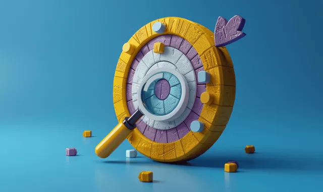 3D target icon inspected with magnifying glass, focus on teamwork and leadership concept