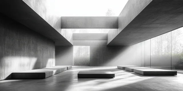 Empty concrete interior room with skylights casting light beams into deep shadowed wall recesses.