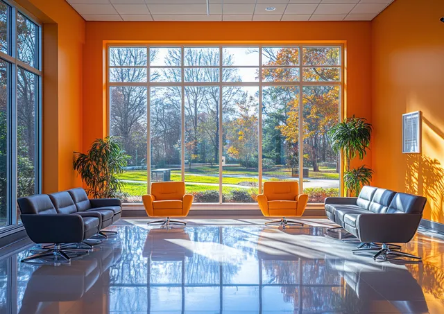 Modern office lounge with orange walls, large windows, and a glossy glass table in bright daylight.