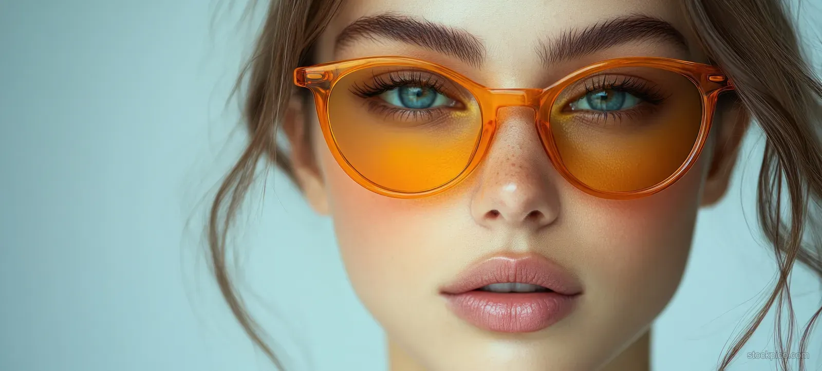 Cute Easter chick wearing orange sunglasses sitting on a minimalist table with soft light.