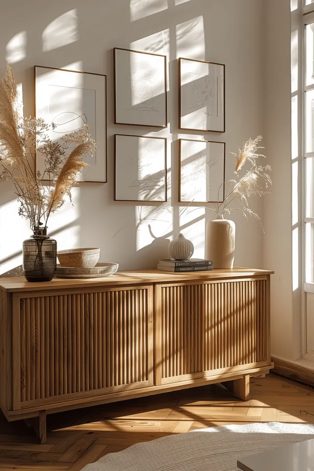 Modern light-wood sideboard beside sunlit wall with empty picture frames and gentle shadows