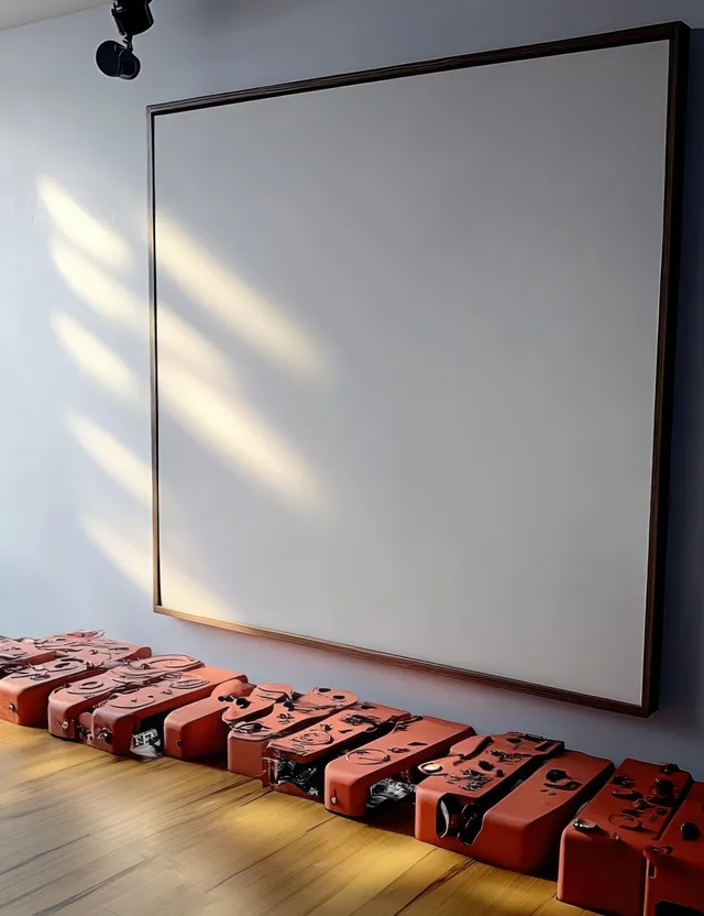 Blank canvas in a wooden frame on a wall with soft sun shadows falling onto the floor.