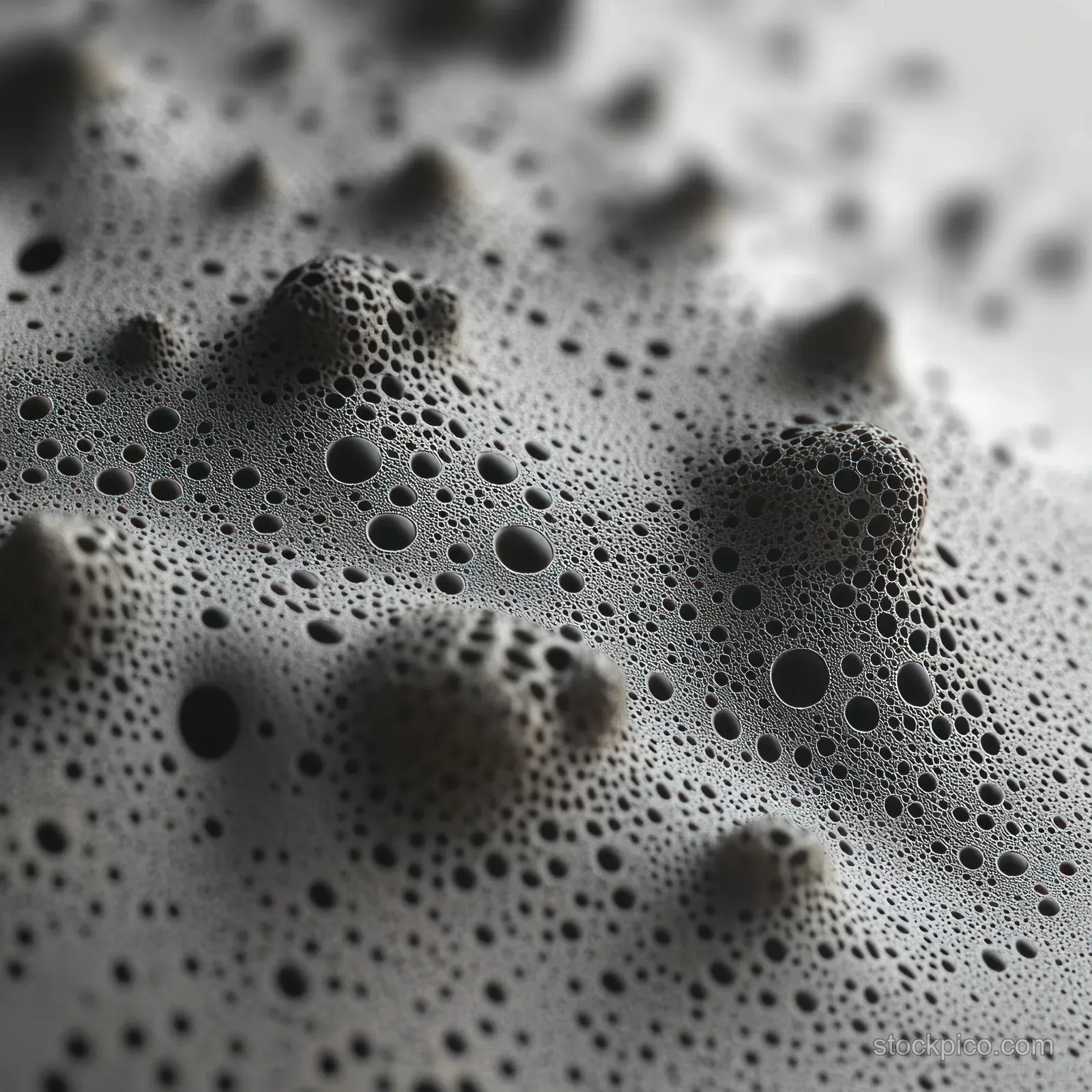 Close-up of a gray pitted surface with circular holes forming raised bumps and valleys under soft shadows.