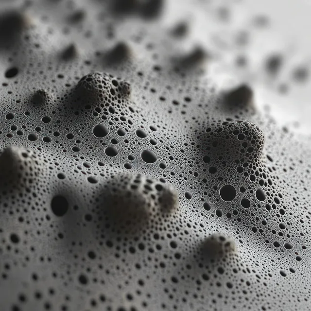 Close-up of a gray pitted surface with circular holes forming raised bumps and valleys under soft shadows.