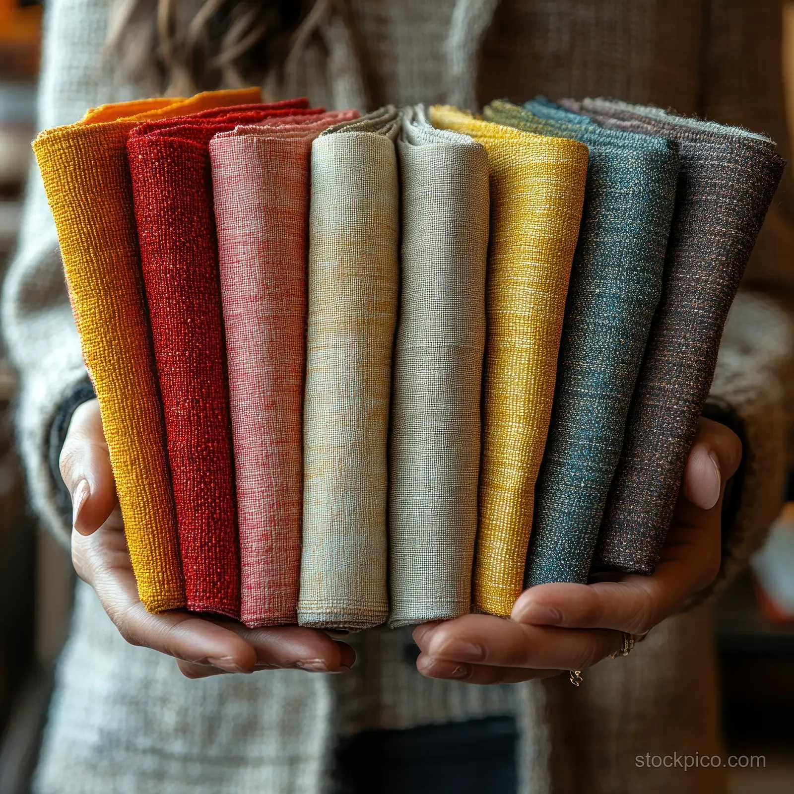 Hands hold stacked fabric swatches of different colors and textures under soft natural light.